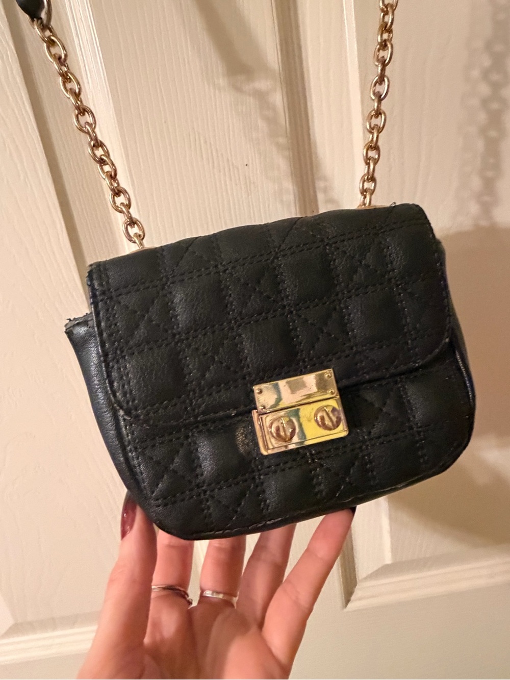 Black Quilted Faux Leather Mini Crossbody Bag Gold Chain
